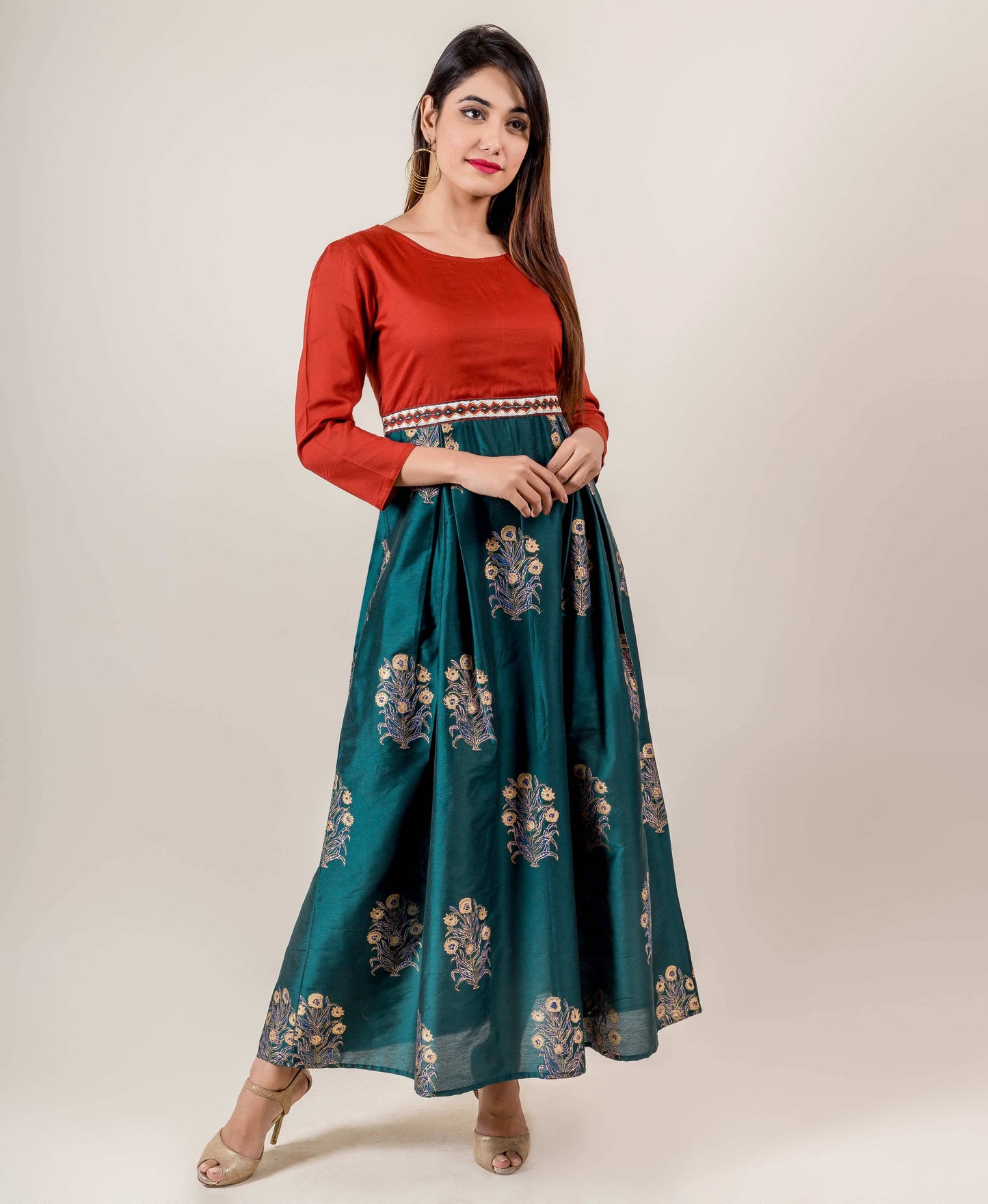 Golden Printed Indo Western Dress In Rust And Teal Shades