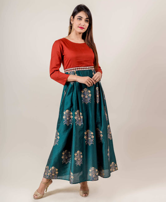 Golden Printed Indo Western Dress In Rust And Teal Shades