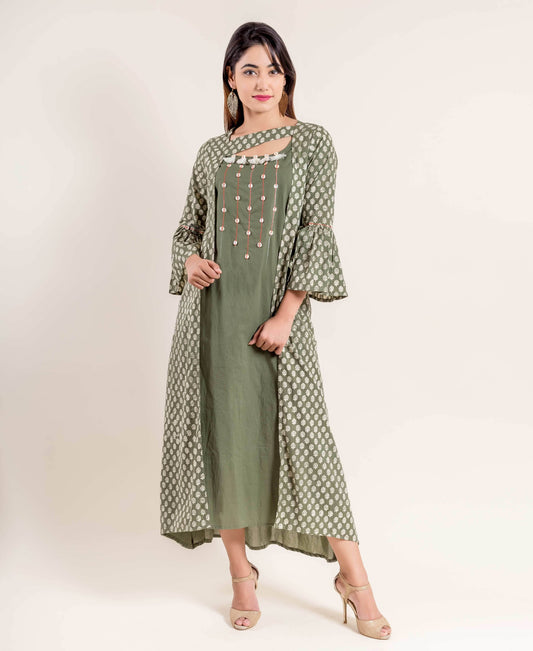 Fern Green Embroidered Cotton Dress With Bell Sleeves