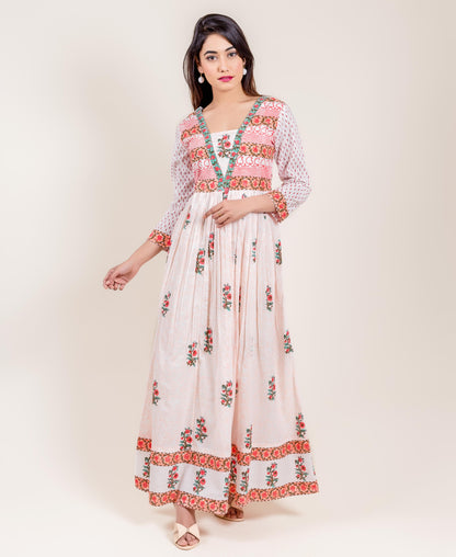 White And Pink Cotton Placement Printed Long Dress