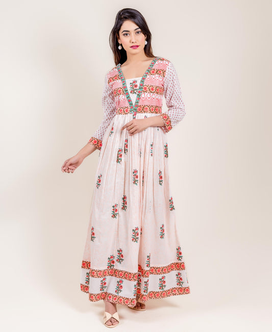 White And Pink Cotton Placement Printed Long Dress
