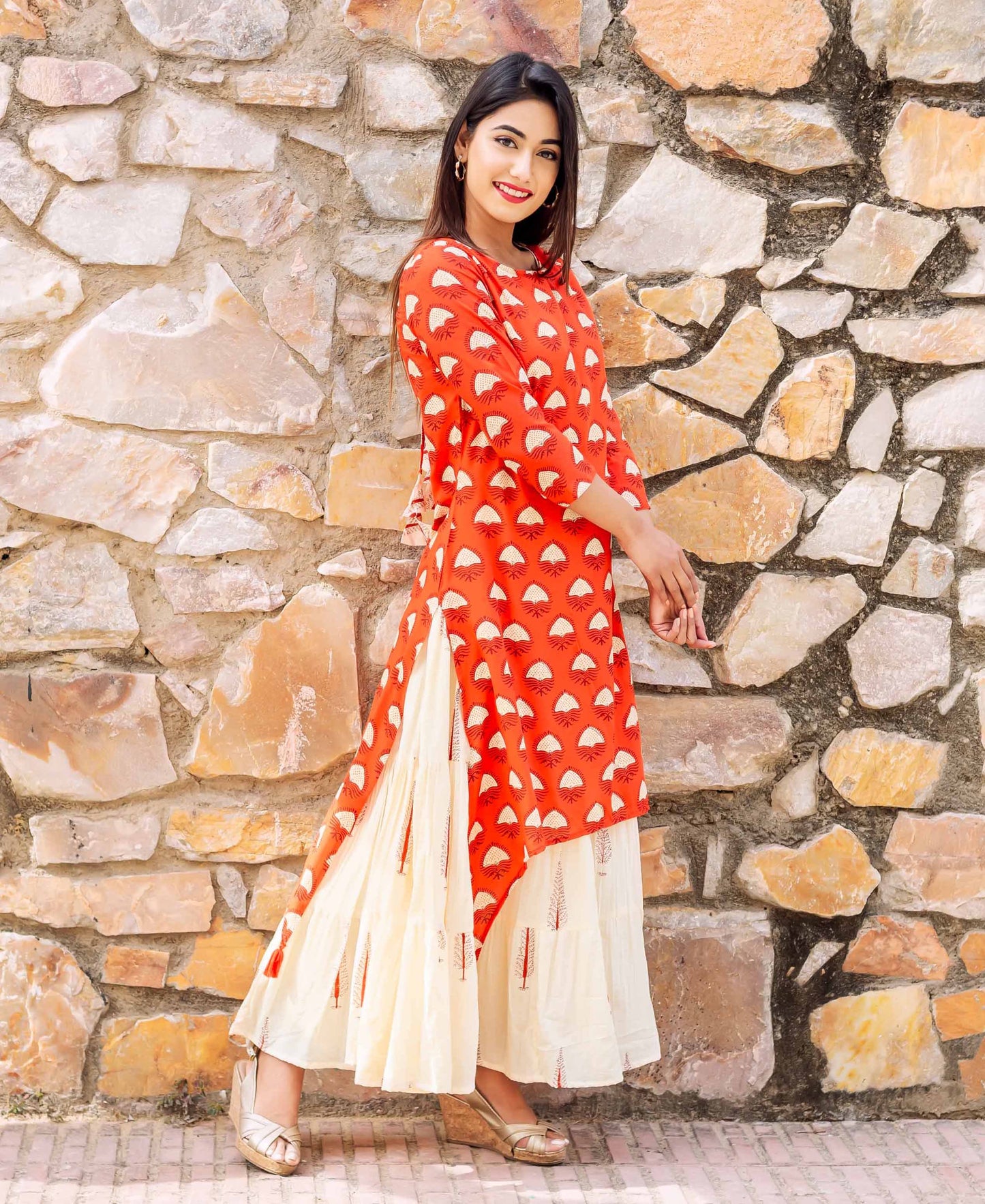 Orange Asymmetrical Double Layered Long Tier Dress