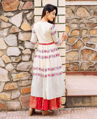 Beige and Red Block Printed Double Layered Dress