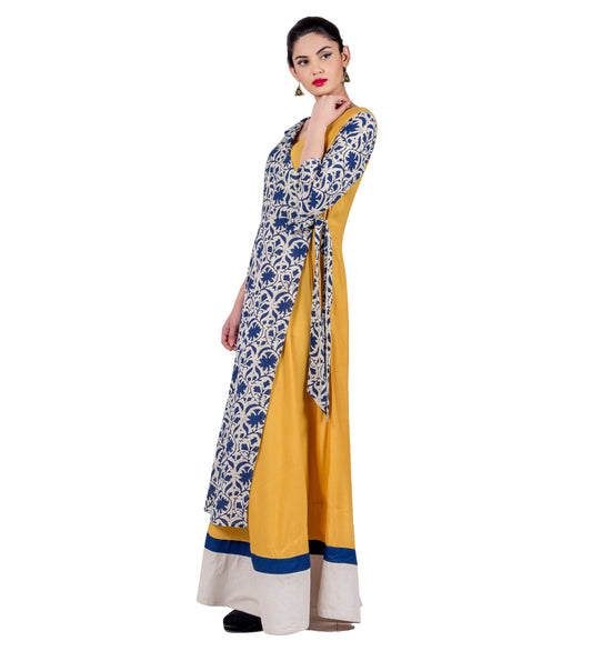Indigo and Mustard Hand Block Printed Wrap Dress
