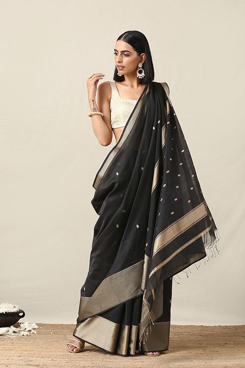 Handweave Maheshwari Handloom Black Silk Cotton Saree