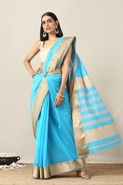 Handweave Maheshwari Handloom Blue Silk Cotton Saree