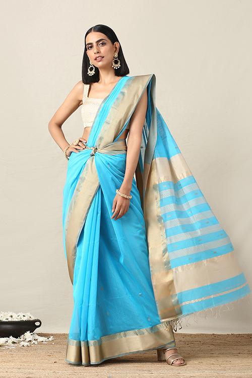Handweave Maheshwari Handloom Blue Silk Cotton Saree