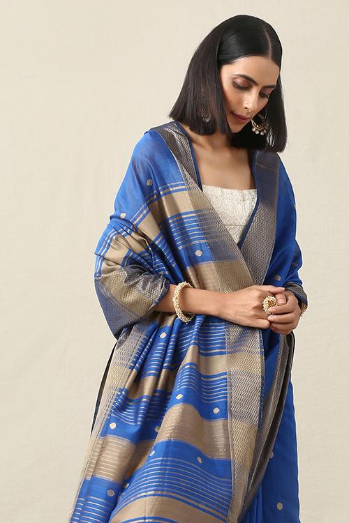 Handweave Maheshwari Handloom Blue Zari Border Silk Cotton Saree