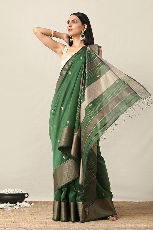 Handweave Maheshwari Handloom Green Silk Cotton Saree