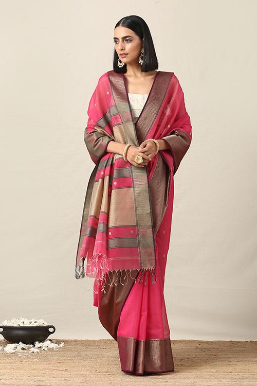 Handweave Maheshwari Handloom Pink Silk Cotton Saree