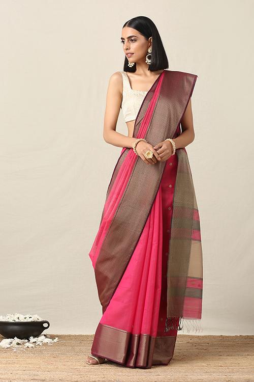 Handweave Maheshwari Handloom Pink Silk Cotton Saree
