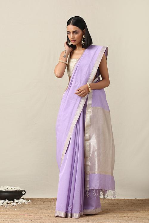 Handweave Maheshwari Handloom Purple Stripe Silk Cotton Saree