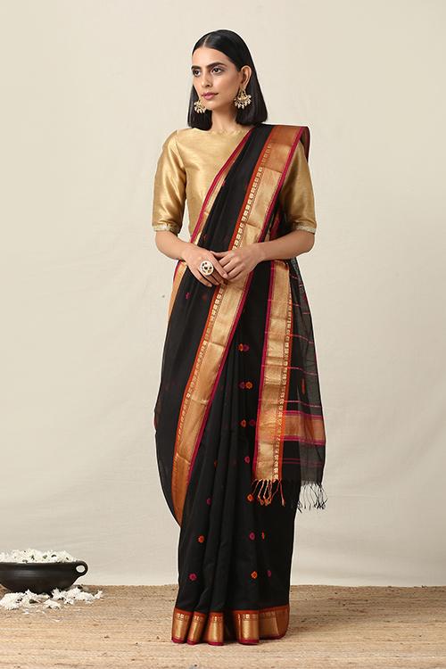 Handweave Maheshwari Handloom Black Zari Border Silk Cotton Saree
