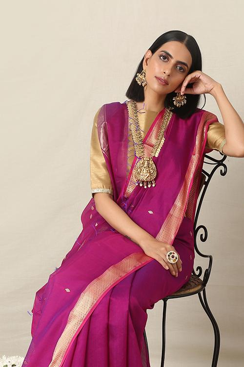 Handweave Maheshwari Handloom Silk Majenta Cotton Saree