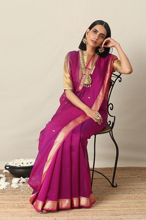 Handweave Maheshwari Handloom Silk Majenta Cotton Saree