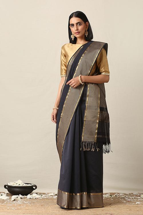 Handweave Maheshwari Handloom Black stripes Silk Cotton Saree