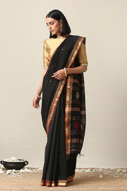 Handweave Maheshwari Handloom Black Butti Zari Border Silk Cotton Saree