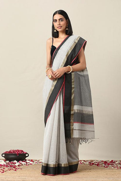 Handweave Maheshwari Handloom Silk Cotton Saree- Black