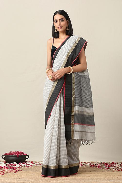 Handweave Maheshwari Handloom Silk Cotton Saree- Black