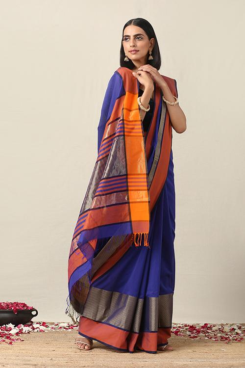 Handweave Maheshwari Handloom Blue and Orange Silk Cotton Saree