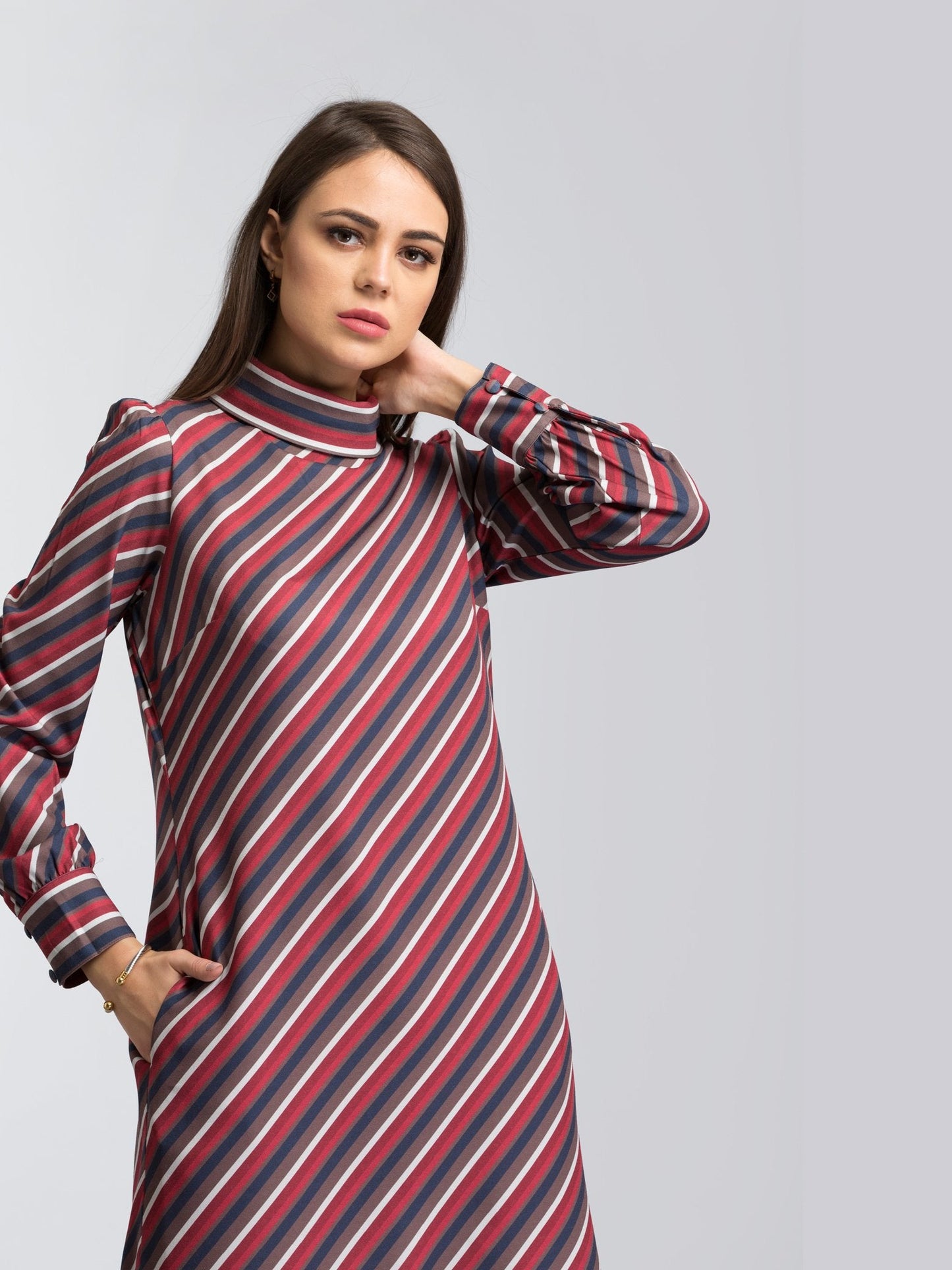 High Neck Striped Shift Dress - Multicolour