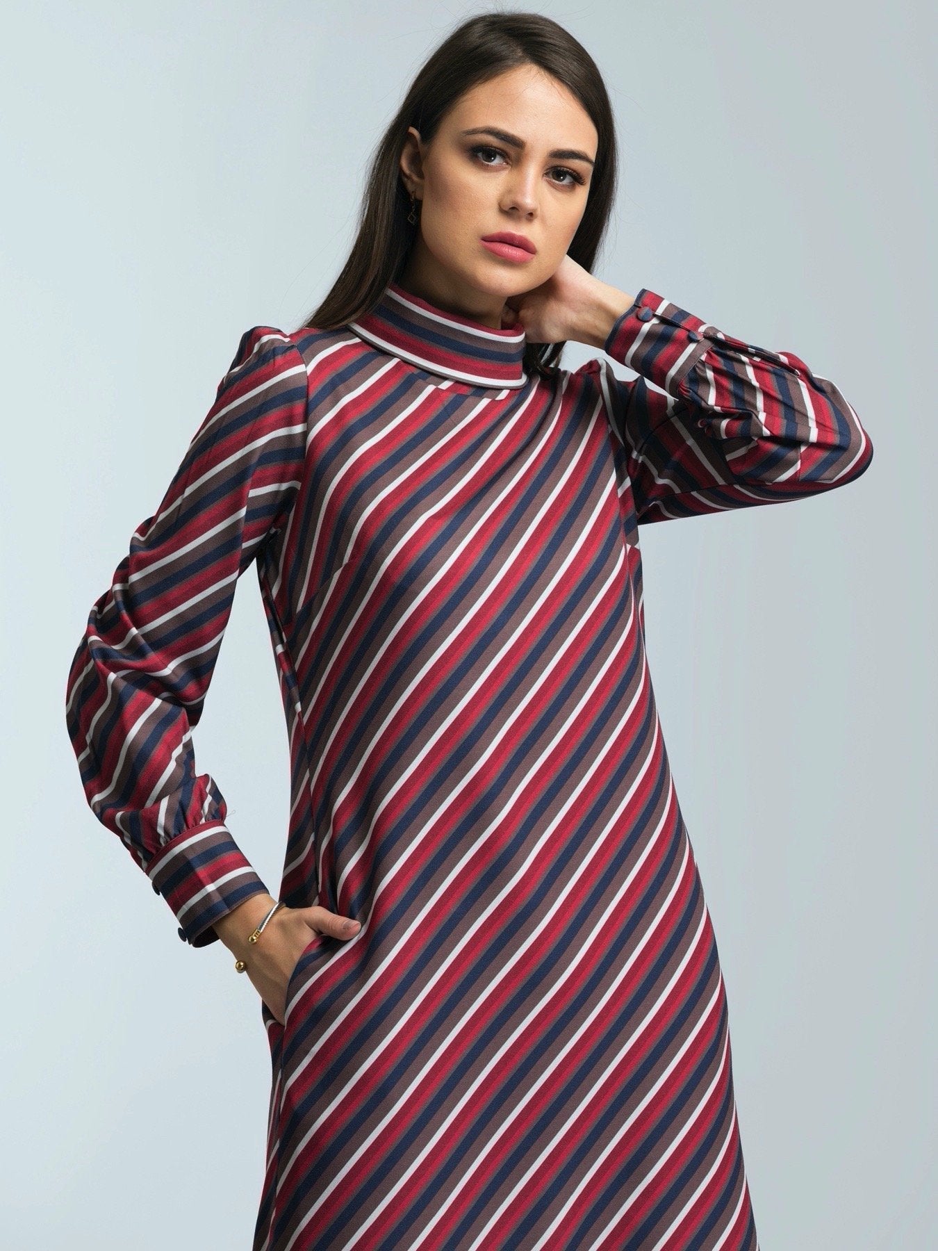 High Neck Striped Shift Dress - Multicolour
