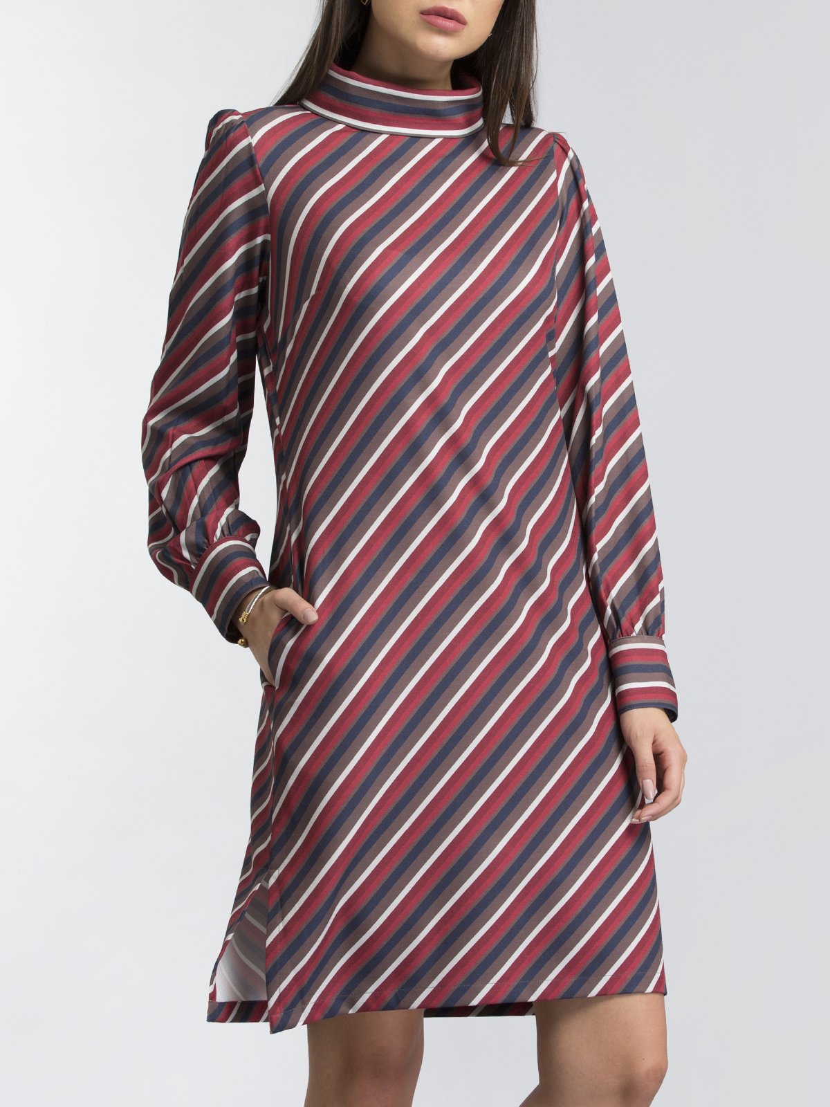 High Neck Striped Shift Dress - Multicolour