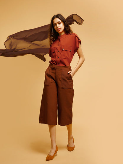 High Waist Short Culottes With Functional Pockets - Rust