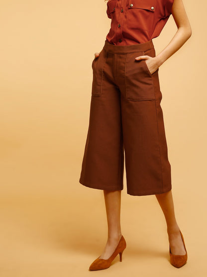 High Waist Short Culottes With Functional Pockets - Rust