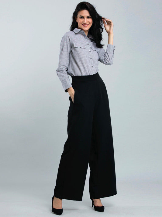 High Waist Wide Leg  Trousers - Black