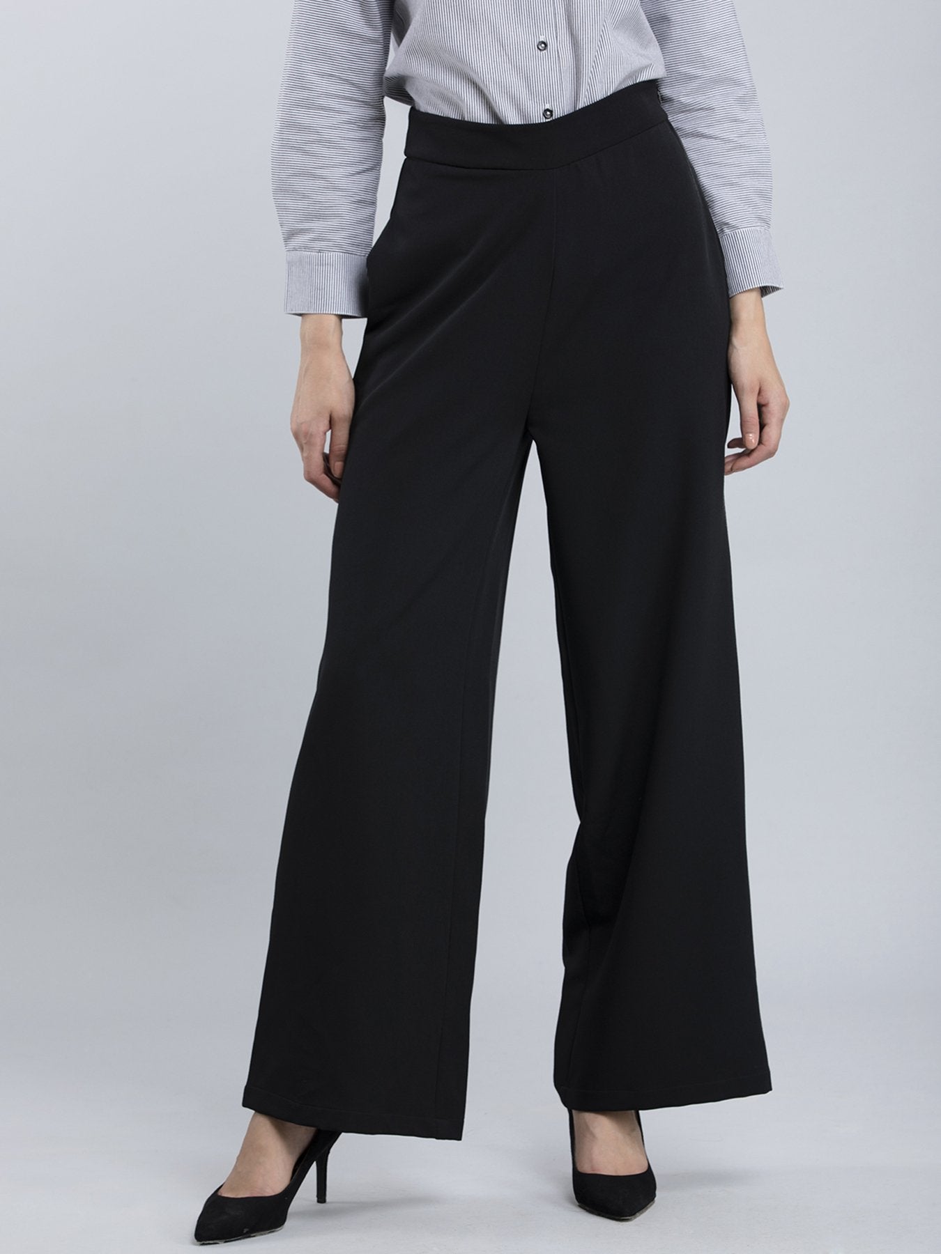 High Waist Wide Leg  Trousers - Black