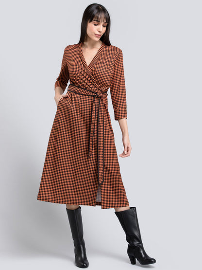 Houndstooth Print Faux Wrap Dress - Orange and Black