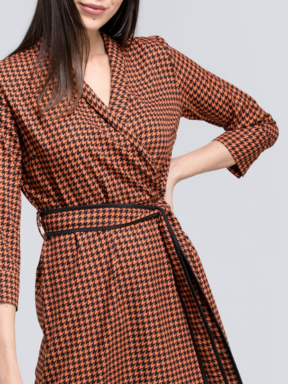 Houndstooth Print Faux Wrap Dress - Orange and Black
