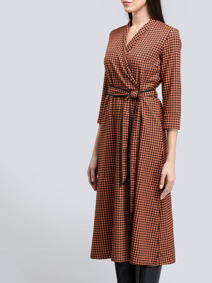 Houndstooth Print Faux Wrap Dress - Orange and Black