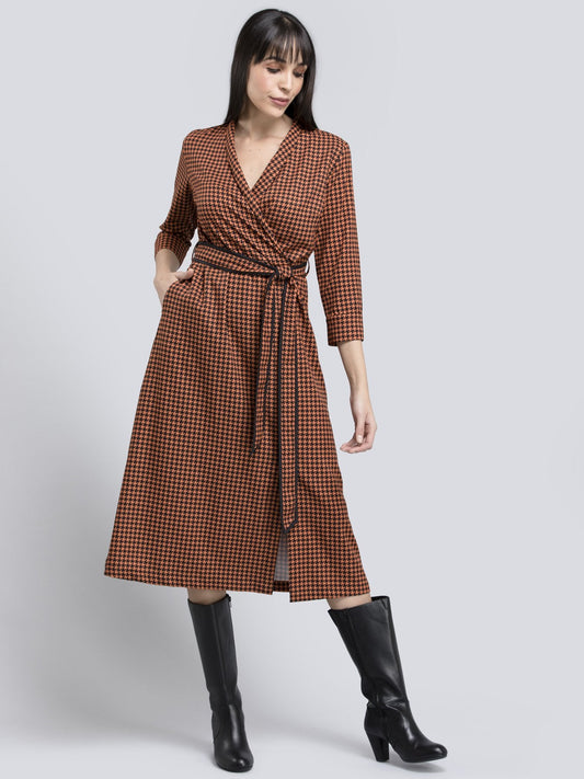 Houndstooth Print Faux Wrap Dress - Orange and Black