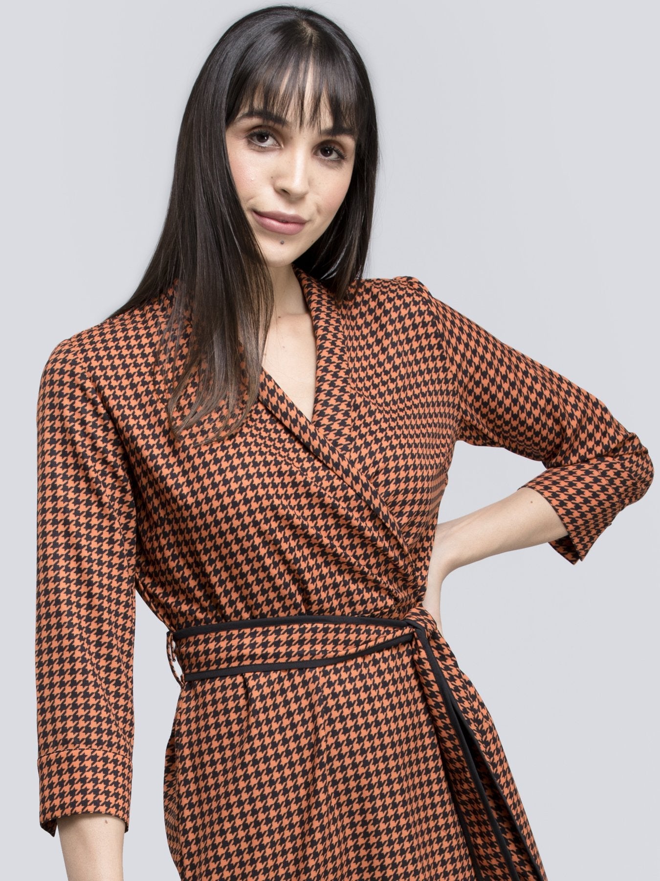 Houndstooth Print Faux Wrap Dress - Orange and Black