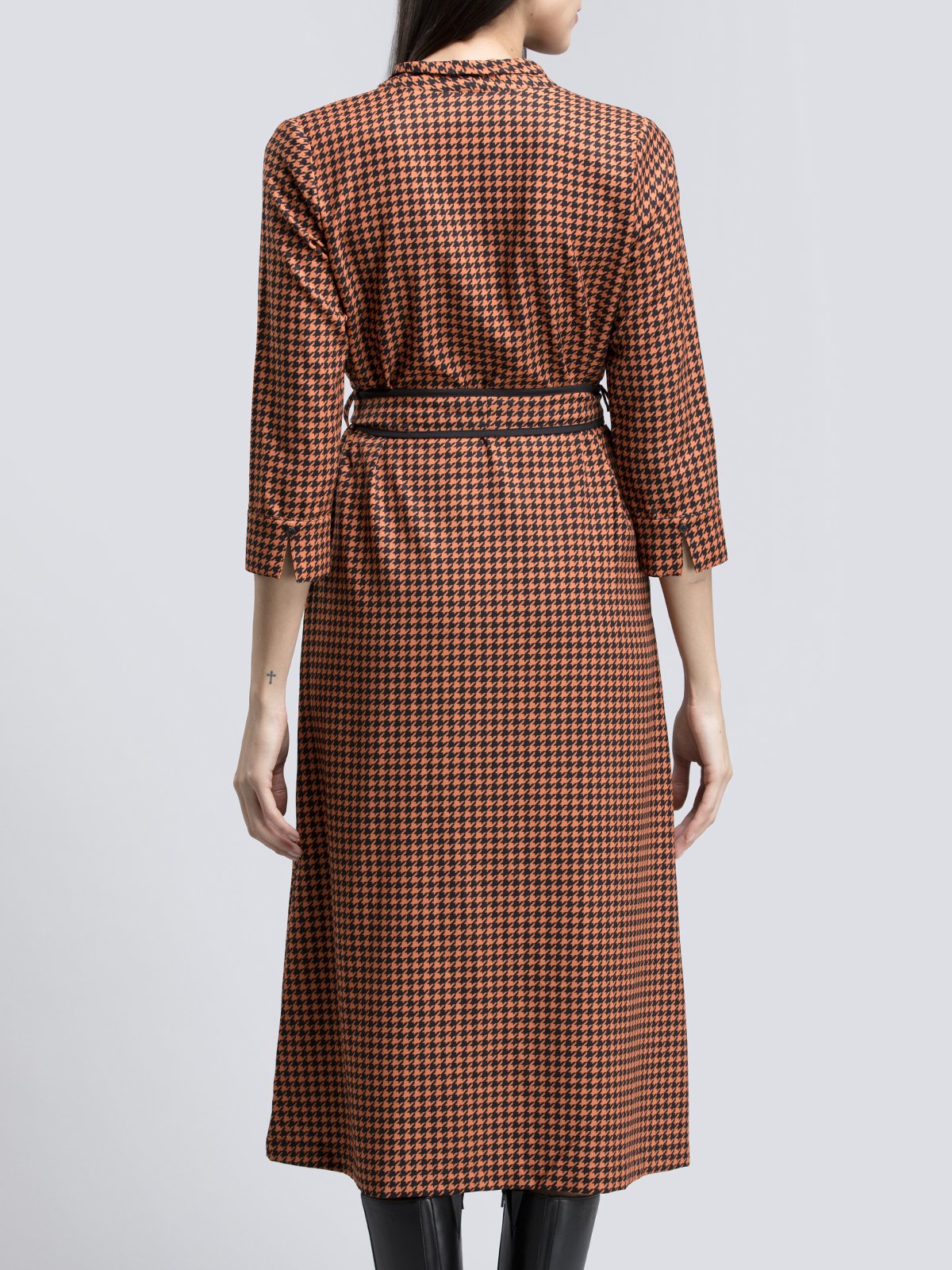 Houndstooth Print Faux Wrap Dress - Orange and Black