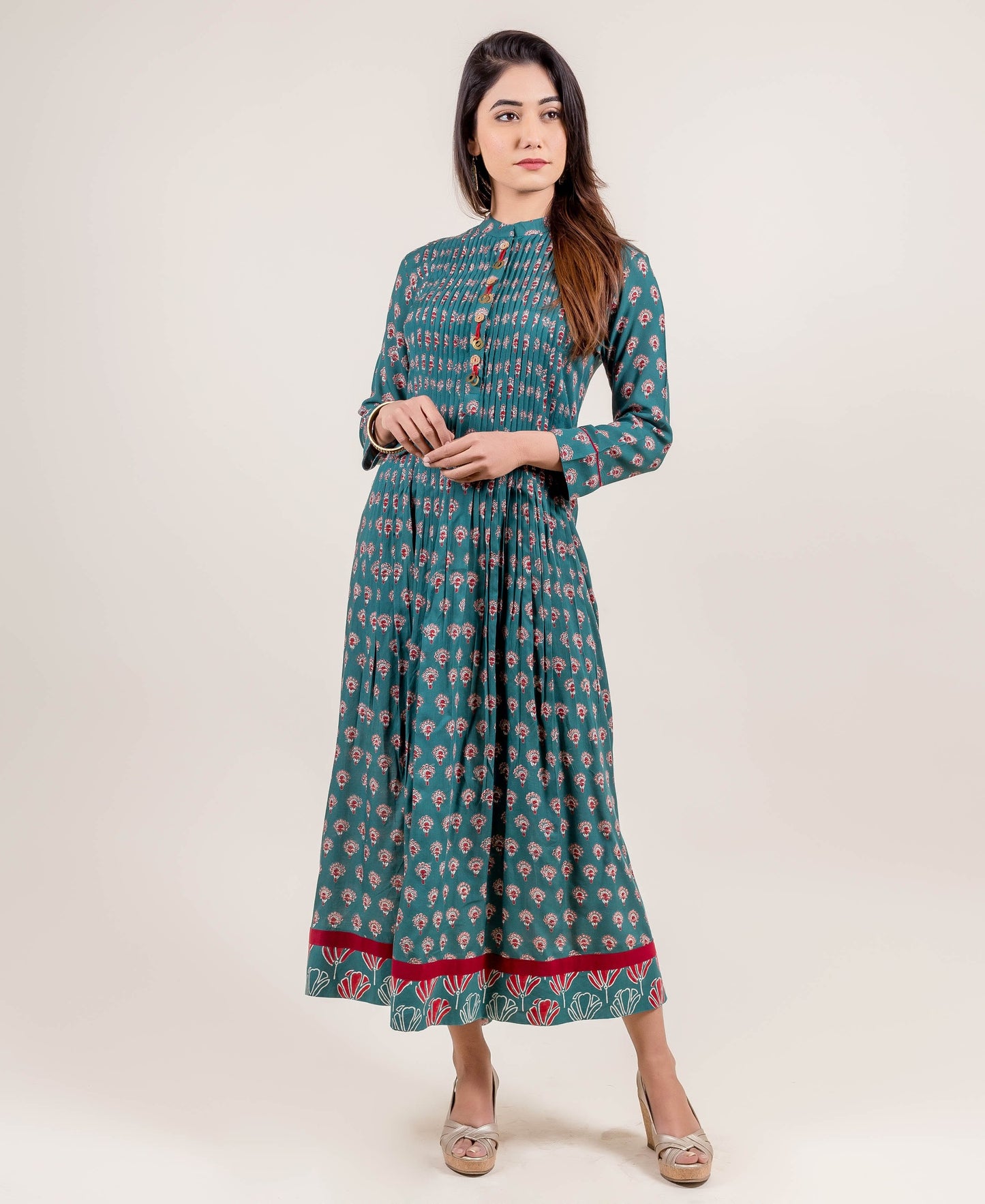 Hand Block Printed Long Teal Dress with Open Pintuck