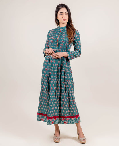 Hand Block Printed Long Teal Dress with Open Pintuck