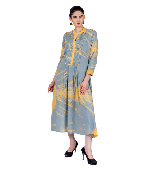 Grey / Yellow Pintuck Tie and Dye Indo Western Dress