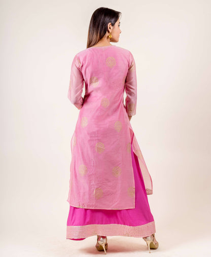 Tasseled Chanderi Pink With Gold Gota Print