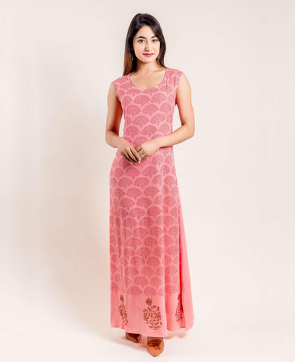 Coral High Low Embroidered Hand Block Printed Indo Western Dress