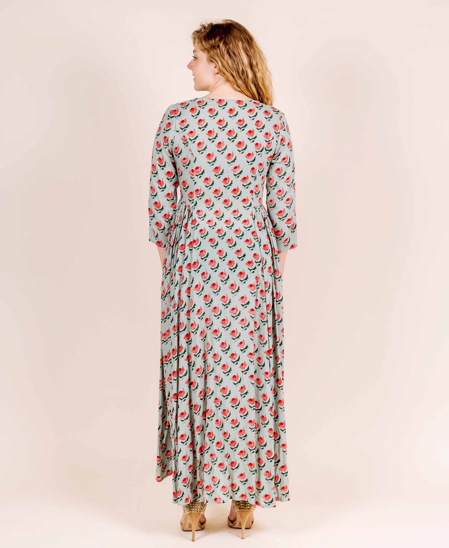 Round Neck Dusty Mint with Red and Peach Print Indo Western Gown