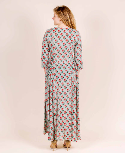 Round Neck Dusty Mint with Red and Peach Print Indo Western Gown