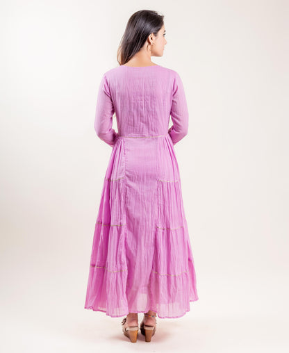 Quarter Sleeved Cotton Pink Tiered Full Length Dress