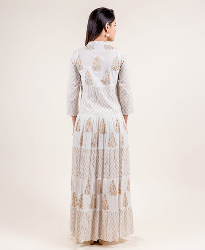 V- Neck Gold Block Print Princess Cut Anarkali Style Gown Dress