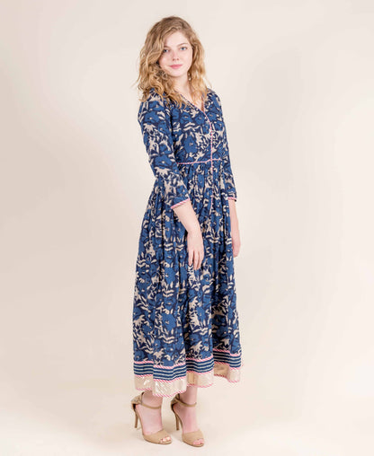 Indigo / Pink Pleated Indo Western Dress