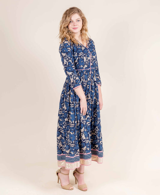 Indigo / Pink Pleated Indo Western Dress