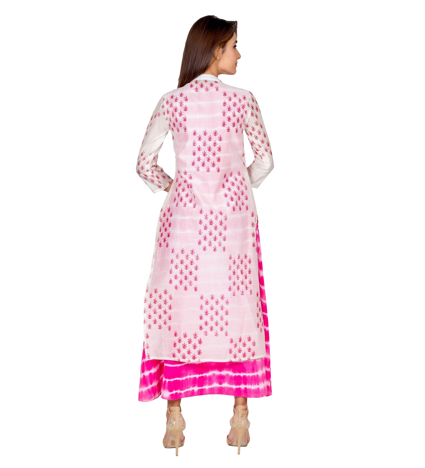 Pink and White Tie Dye Hand Block Printed Chanderi Indo Western Dress