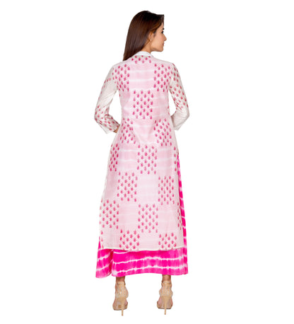 Pink and White Tie Dye Hand Block Printed Chanderi Indo Western Dress